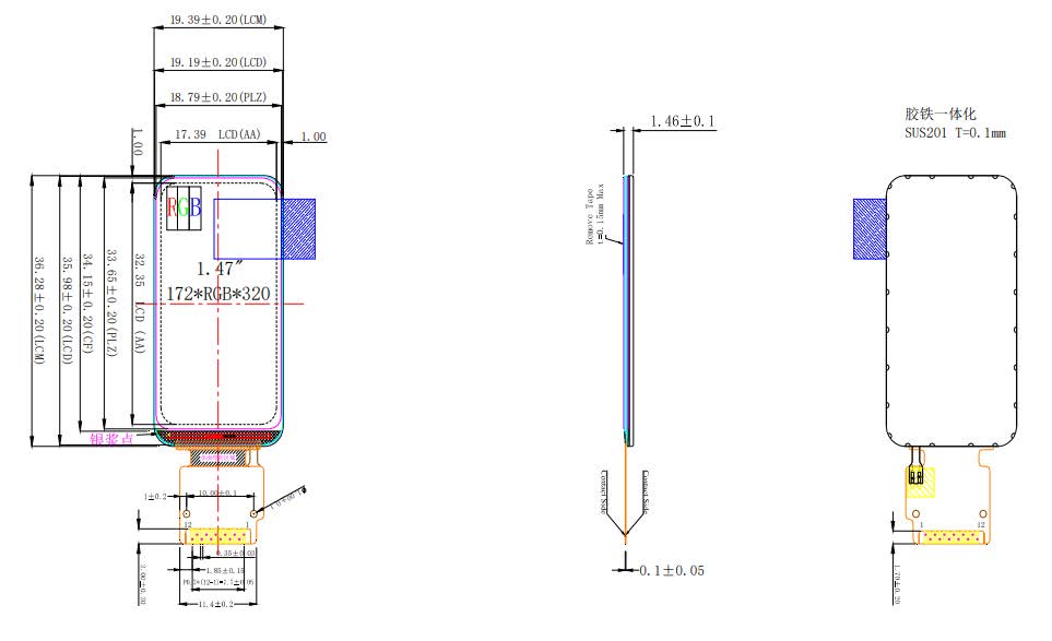 1.47 desenho LCD em polegadas