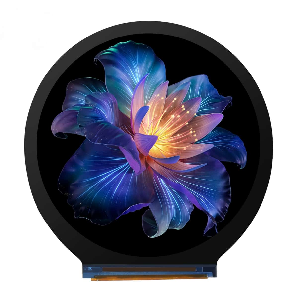 Front view of VIS240K-N001R 2.5 inch 480x480 round in-cell touch LCD with the screen on